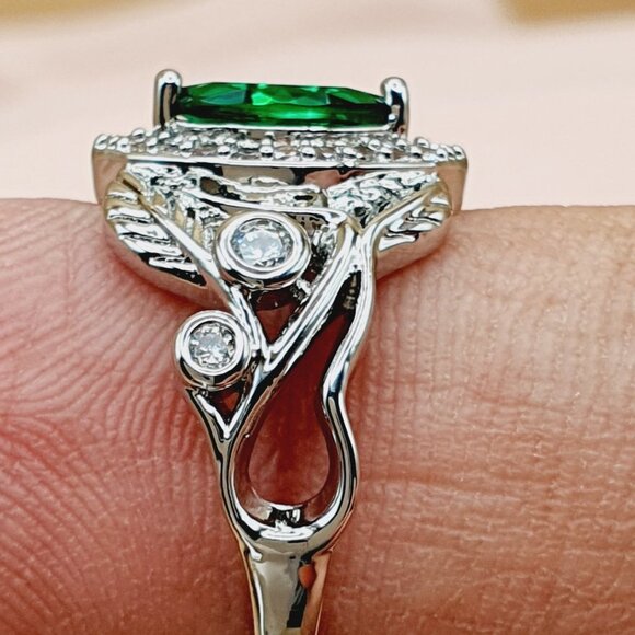 💎 Emerald Marquis Gem Leaf Weave Silver Noble Rings for Women, MARR9098 - Picture 6 of 7